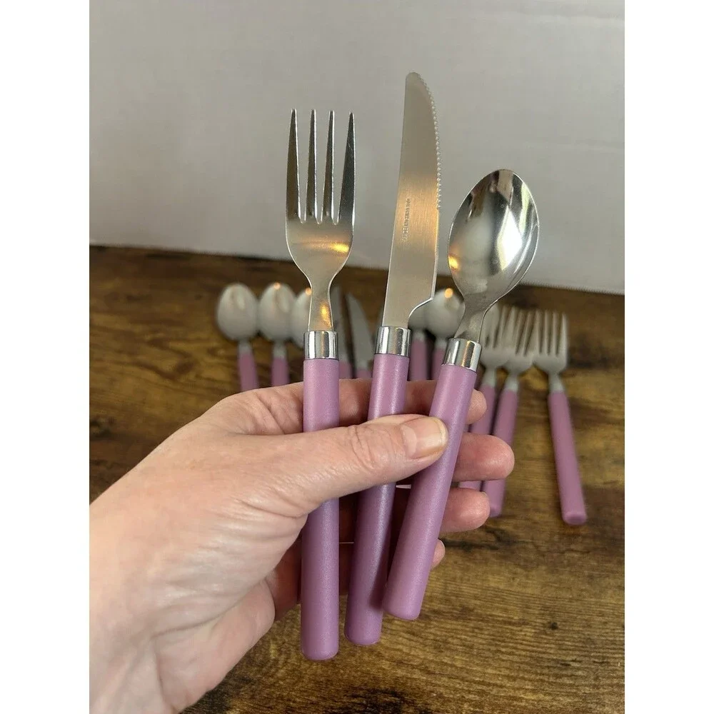 Vintage Style 15Pc Pink Flatware Set 1810 Stainless Steel Retro Mauve Handle Set